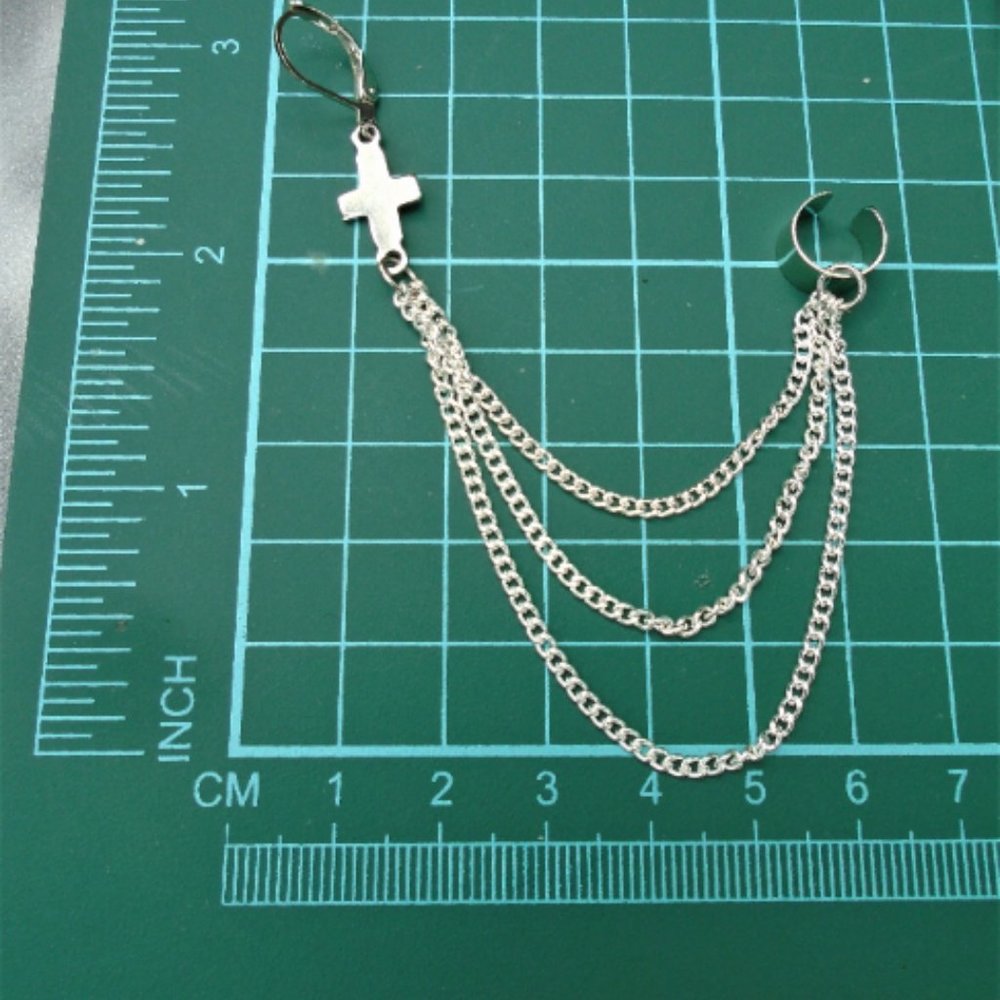 2/$25 Stainless steel Ear Cuff W Long 2mm Chains & small Cross on lever back M - Picture 3 of 3